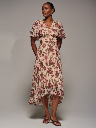 Angel Sleeve Pleated Chiffon Midaxi Dress, Cream Floral