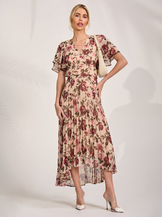 Angel Sleeve Pleated Chiffon Midaxi Dress, Cream Floral
