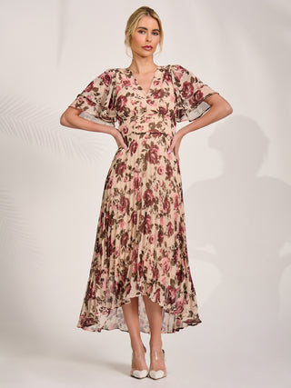 Angel Sleeve Pleated Chiffon Midaxi Dress, Cream Floral