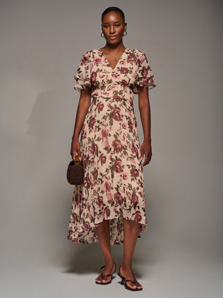 Angel Sleeve Pleated Chiffon Midaxi Dress, Cream Floral