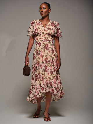 Angel Sleeve Pleated Chiffon Midaxi Dress, Cream Floral