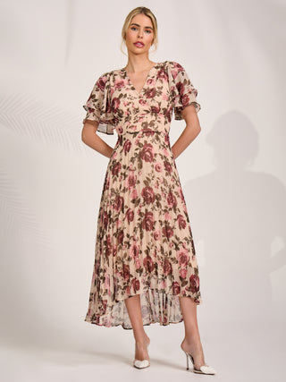 Angel Sleeve Pleated Chiffon Midaxi Dress, Cream Floral