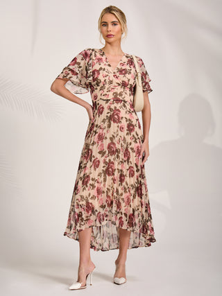 Angel Sleeve Pleated Chiffon Midaxi Dress, Cream Floral