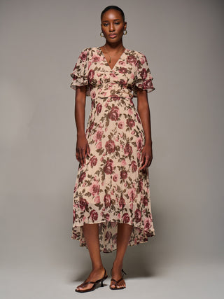 Angel Sleeve Pleated Chiffon Midaxi Dress, Cream Floral