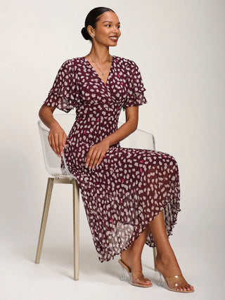 Angel Sleeve Pleated Chiffon Midaxi Dress, Purple Multi