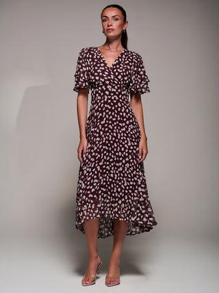 Angel Sleeve Pleated Chiffon Midaxi Dress, Purple Multi