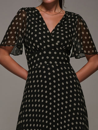 Chiffon Pleated Dip Hem Maxi Dress, Black Spot