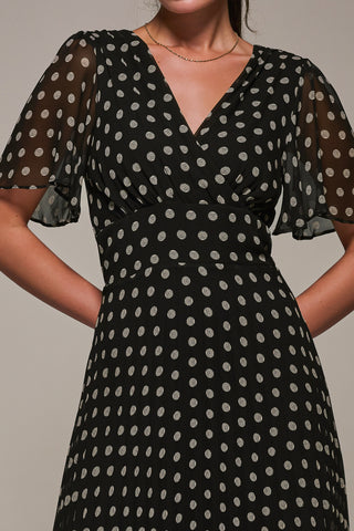 Chiffon Pleated Dip Hem Maxi Dress, Black Spot