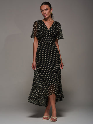 Chiffon Pleated Dip Hem Maxi Dress, Black Spot