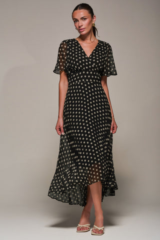 Chiffon Pleated Dip Hem Maxi Dress, Black Spot