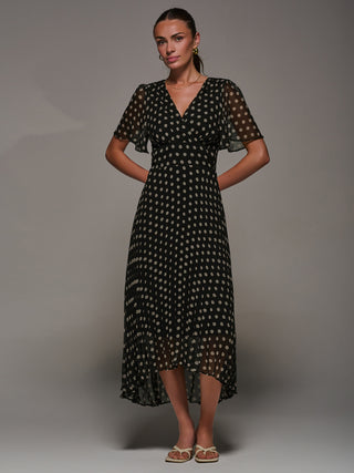 Chiffon Pleated Dip Hem Maxi Dress, Black Spot