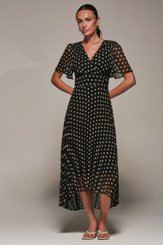 Chiffon Pleated Dip Hem Maxi Dress, Black Spot