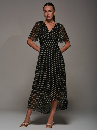 Chiffon Pleated Dip Hem Maxi Dress, Black Spot