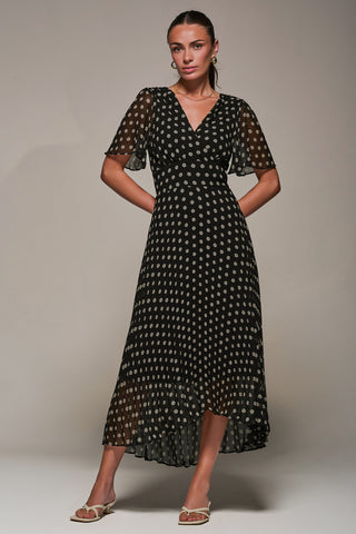 Chiffon Pleated Dip Hem Maxi Dress, Black Spot