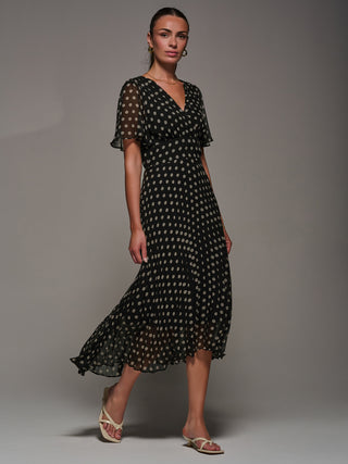 Chiffon Pleated Dip Hem Maxi Dress, Black Spot