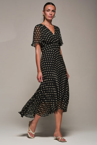 Chiffon Pleated Dip Hem Maxi Dress, Black Spot