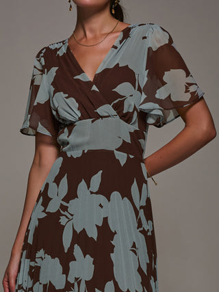 Chiffon Pleated Dip Hem Maxi Dress, Brown Floral