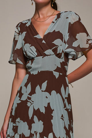 Chiffon Pleated Dip Hem Maxi Dress, Brown Floral