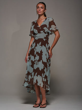 Chiffon Pleated Dip Hem Maxi Dress, Brown Floral