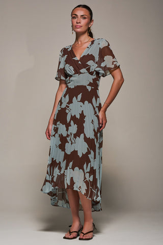 Chiffon Pleated Dip Hem Maxi Dress, Brown Floral