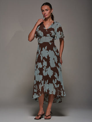 Chiffon Pleated Dip Hem Maxi Dress, Brown Floral