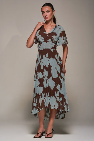 Chiffon Pleated Dip Hem Maxi Dress, Brown Floral