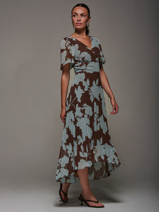 Chiffon Pleated Dip Hem Maxi Dress, Brown Floral