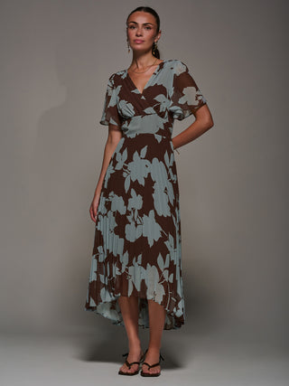 Chiffon Pleated Dip Hem Maxi Dress, Brown Floral