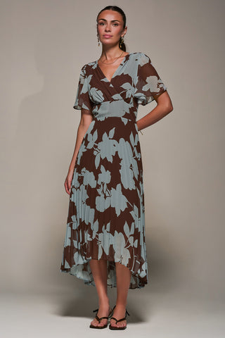 Chiffon Pleated Dip Hem Maxi Dress, Brown Floral