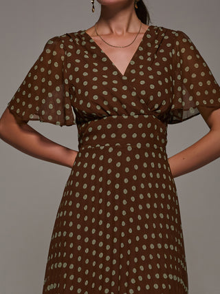 Chiffon Pleated Dip Hem Maxi Dress, Brown Spot