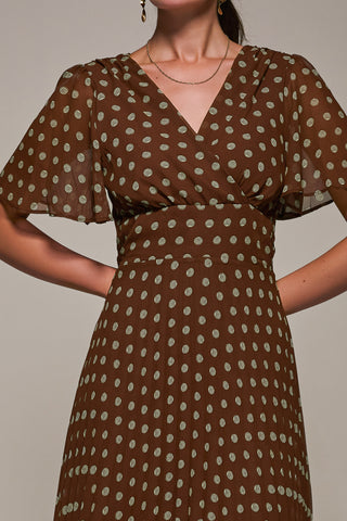 Chiffon Pleated Dip Hem Maxi Dress, Brown Spot