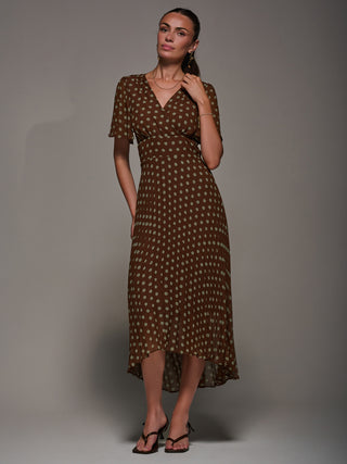 Chiffon Pleated Dip Hem Maxi Dress, Brown Spot