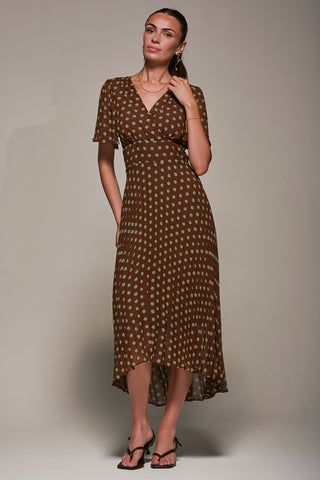Chiffon Pleated Dip Hem Maxi Dress, Brown Spot