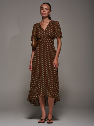Chiffon Pleated Dip Hem Maxi Dress, Brown Spot