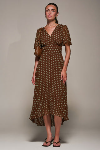 Chiffon Pleated Dip Hem Maxi Dress, Brown Spot