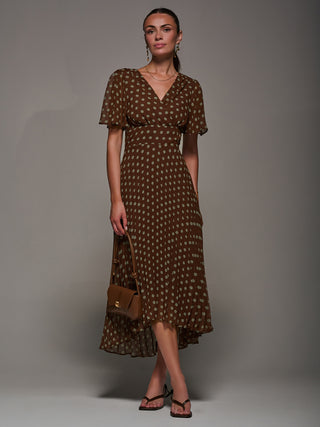 Chiffon Pleated Dip Hem Maxi Dress, Brown Spot