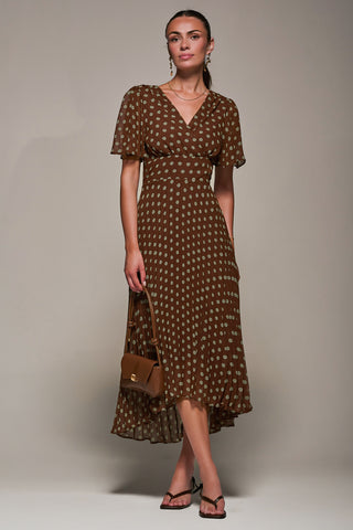 Chiffon Pleated Dip Hem Maxi Dress, Brown Spot