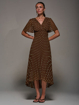 Chiffon Pleated Dip Hem Maxi Dress, Brown Spot