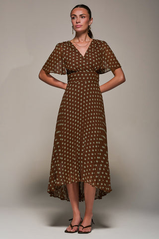 Chiffon Pleated Dip Hem Maxi Dress, Brown Spot