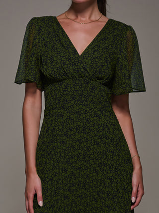 Chiffon Pleated Dip Hem Maxi Dress, Green Abstract