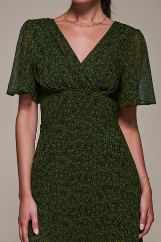 Chiffon Pleated Dip Hem Maxi Dress, Green Abstract