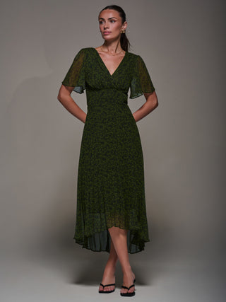 Chiffon Pleated Dip Hem Maxi Dress, Green Abstract