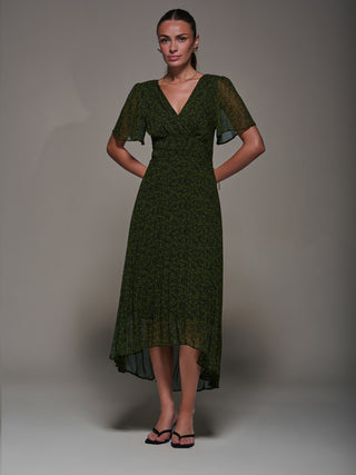 Chiffon Pleated Dip Hem Maxi Dress, Green Abstract