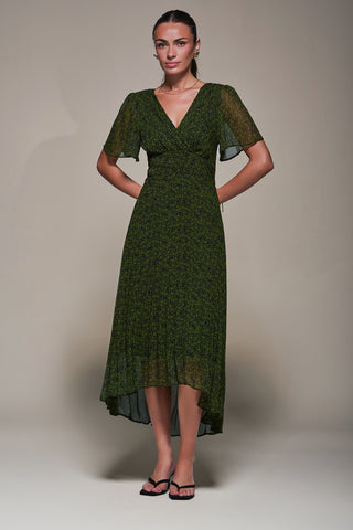 Chiffon Pleated Dip Hem Maxi Dress, Green Abstract