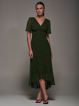 Chiffon Pleated Dip Hem Maxi Dress, Green Abstract