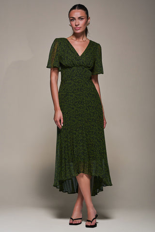 Chiffon Pleated Dip Hem Maxi Dress, Green Abstract