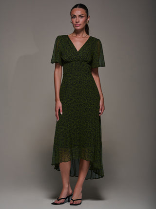 Chiffon Pleated Dip Hem Maxi Dress, Green Abstract