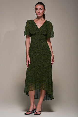 Chiffon Pleated Dip Hem Maxi Dress, Green Abstract