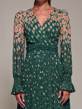 Mirrored Print Long Sleeve Mesh Maxi Dress, Green Floral