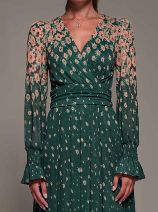 Mirrored Print Long Sleeve Mesh Maxi Dress, Green Floral